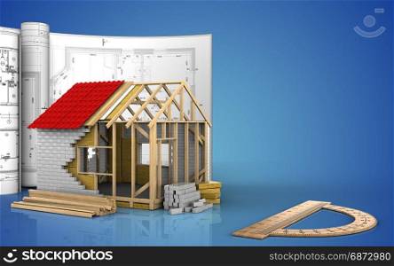 3d illustration of frame house with drawings over blue background. 3d blank