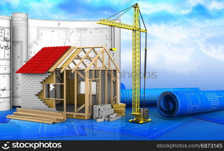 3d illustration of frame house with drawings over sky background. 3d of crane