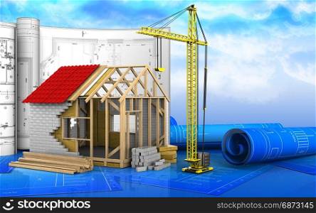 3d illustration of frame house with drawings over sky background. 3d of crane
