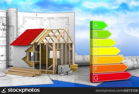 3d illustration of frame house with drawings over sky background. 3d with drawings
