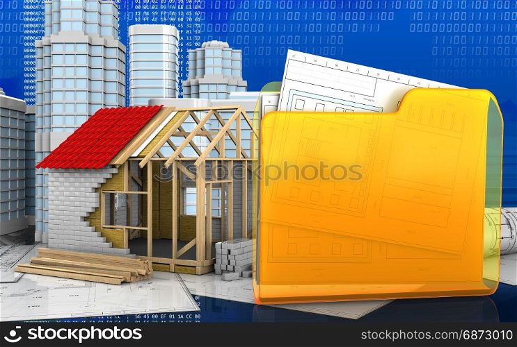 3d illustration of frame house with urban scene over digital background. 3d drawings rolls