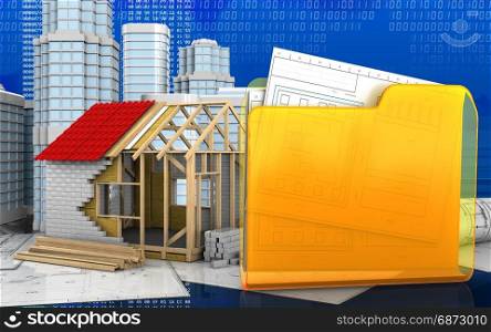 3d illustration of frame house with urban scene over digital background. 3d drawings rolls