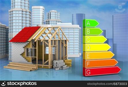 3d illustration of frame house with urban scene over skyscrappers background. 3d with urban scene
