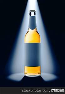 3D illustration of full beer bottle illuminated by white spotlight from above. Transparent glass bottle with blank label.