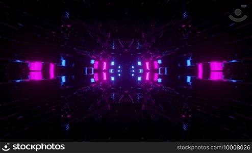 3D illustration of futuristic abstract background with bright purple and blue lights in darkness. 3D illustration on illuminated geometric shapes in darkness