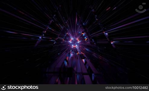 3D illustration of futuristic abstraction with bright purple neon beams in darkness as background. 3D illustration of dark tunnel with abstract geometric figure