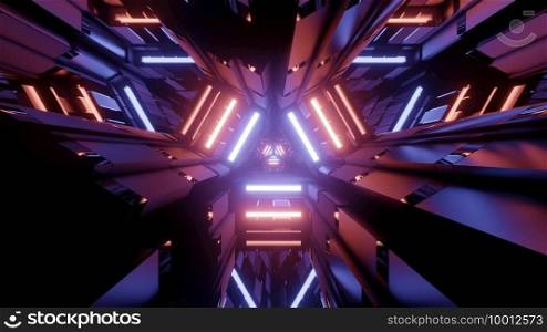 3D illustration of futuristic figures of different shapes reflecting bright neon illumination as abstract background. 3D illustration of neon light reflecting in shiny labyrinth lines
