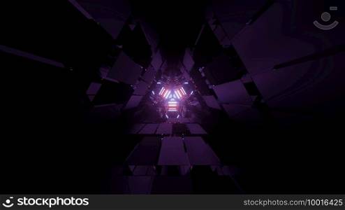 3d illustration of futuristic tunnel perspective with glowing triangle hole in darkness with purple neon colors as abstract science fiction background. Dark sci fi tunnel 3d illustration
