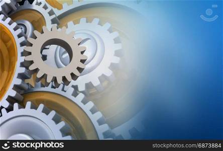 3d illustration of gear over blue background with gears. 3d gears