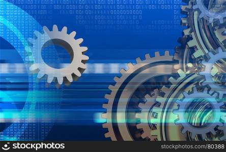 3d illustration of gear over cyber background with gears system. 3d digital