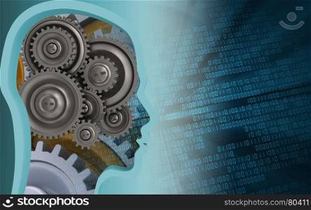 3d illustration of gear wheels over binary background with gears. 3d head profile