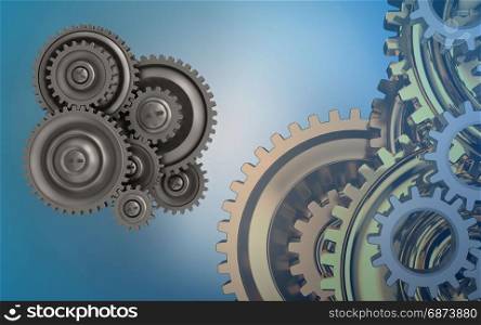 3d illustration of gear wheels over blue background with gears system. 3d blank