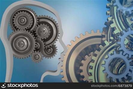 3d illustration of gear wheels over blue background with gears system. 3d gear wheels