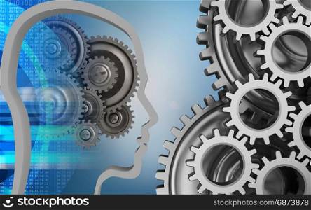 3d illustration of gear wheels over blue background with mechanic. 3d head contour