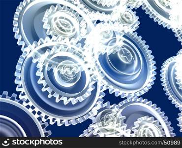 3d illustration of gears background, white and blue colors