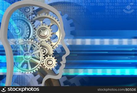 3d illustration of gears over cyber background with gears. 3d head contour