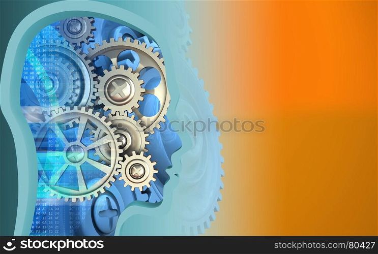 3d illustration of gears over orange background with blue gears. 3d head profile