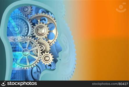3d illustration of gears over orange background with blue gears. 3d head profile
