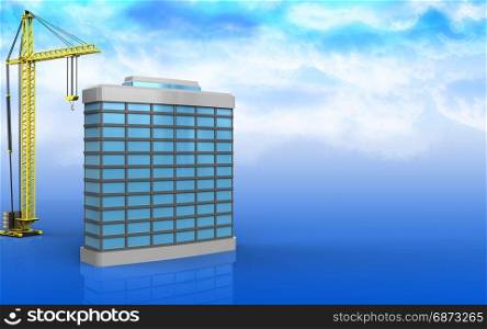 3d illustration of generic building with crane over sky background. 3d of generic building