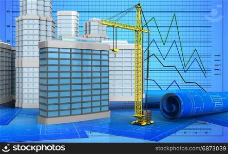 3d illustration of generic building with urban scene over graph background. 3d