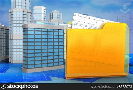 3d illustration of generic building with urban scene over skyscrappers background. 3d of folder