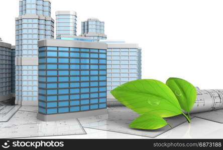 3d illustration of generic building with urban scene over white background. 3d of generic building