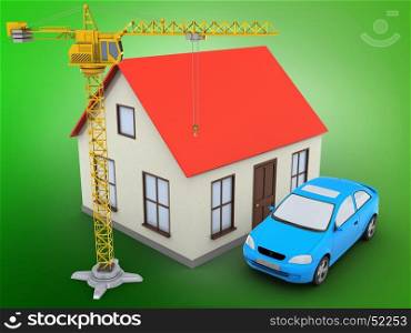 3d illustration of generic house over green background with car and crane. 3d crane
