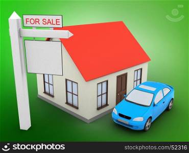 3d illustration of generic house over green background with car and sale sign. 3d sale sign
