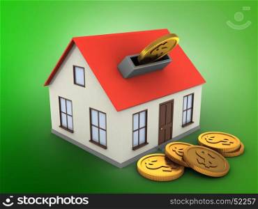 3d illustration of generic house over green background with coins. 3d blank