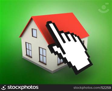 3d illustration of generic house over green background with cursor. 3d generic house