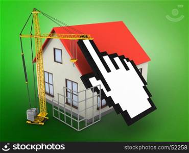 3d illustration of generic house over green background with cursor and construction site. 3d construction site