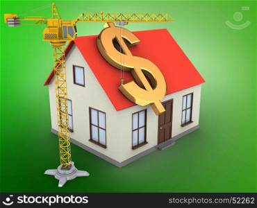 3d illustration of generic house over green background with dollar sign and crane. 3d crane