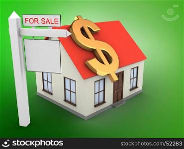 3d illustration of generic house over green background with dollar sign and sale sign. 3d generic house