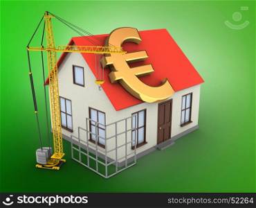 3d illustration of generic house over green background with euro sign and construction site. 3d construction site