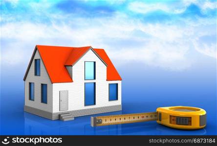 3d illustration of generic house over sky background. 3d of ruler
