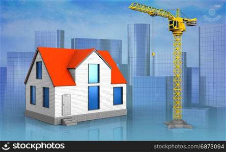 3d illustration of generic house over skyscrappers background. 3d blank