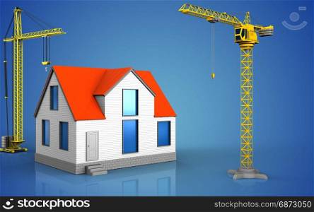 3d illustration of generic house with crane over blue background. 3d of generic house