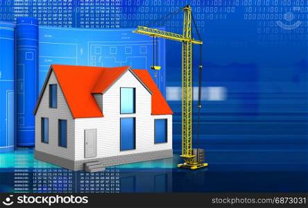 3d illustration of generic house with drawing roll over digital background. 3d with drawing roll