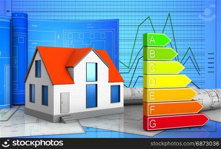 3d illustration of generic house with drawing roll over graph background. 3d of generic house