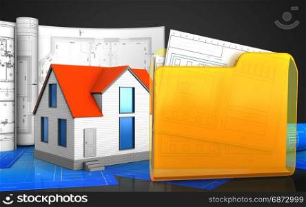 3d illustration of generic house with drawings over black background. 3d of folder