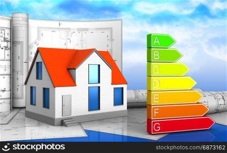 3d illustration of generic house with drawings over sky background. 3d of generic house