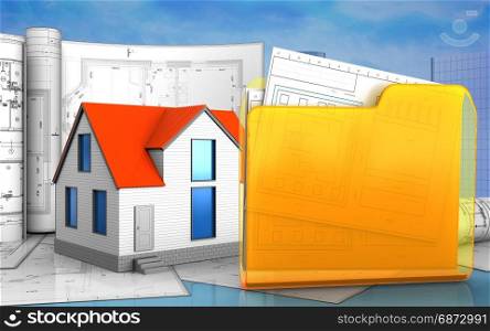 3d illustration of generic house with drawings over skyscrappers background. 3d with drawings