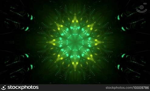 3d illustration of gleaming green neon geometric floral ornament with light reflections as abstract futuristic background. Shiny green geometric flower 3d illustration