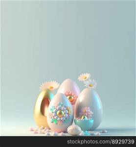3D Illustration of Glossy Eggs and Flowers for Easter Background