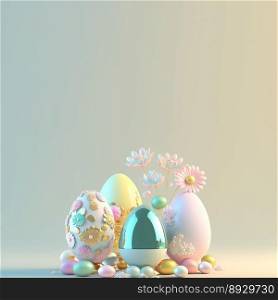 3D Illustration of Glossy Eggs and Flowers for Easter Celebration Background