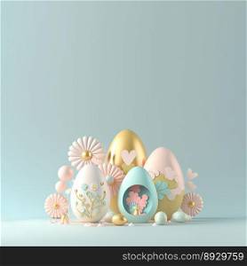 3D Illustration of Glossy Eggs and Flowers for Easter Day Background