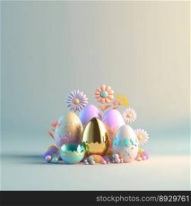 3D Illustration of Glossy Eggs and Flowers for Easter Day Celebration Background