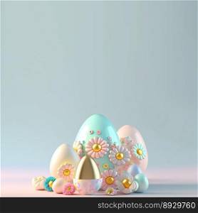 3D Illustration of Glossy Eggs and Flowers for Easter Day Festive Background