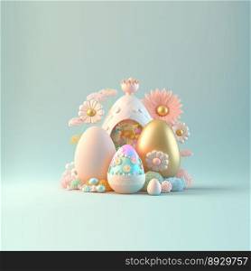 3D Illustration of Glossy Eggs and Flowers for Easter Day Greeting Card Background