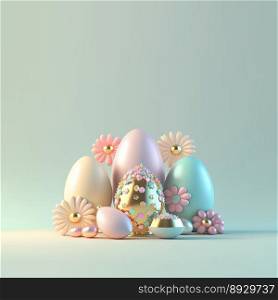 3D Illustration of Glossy Eggs and Flowers for Easter Greeting Card Background